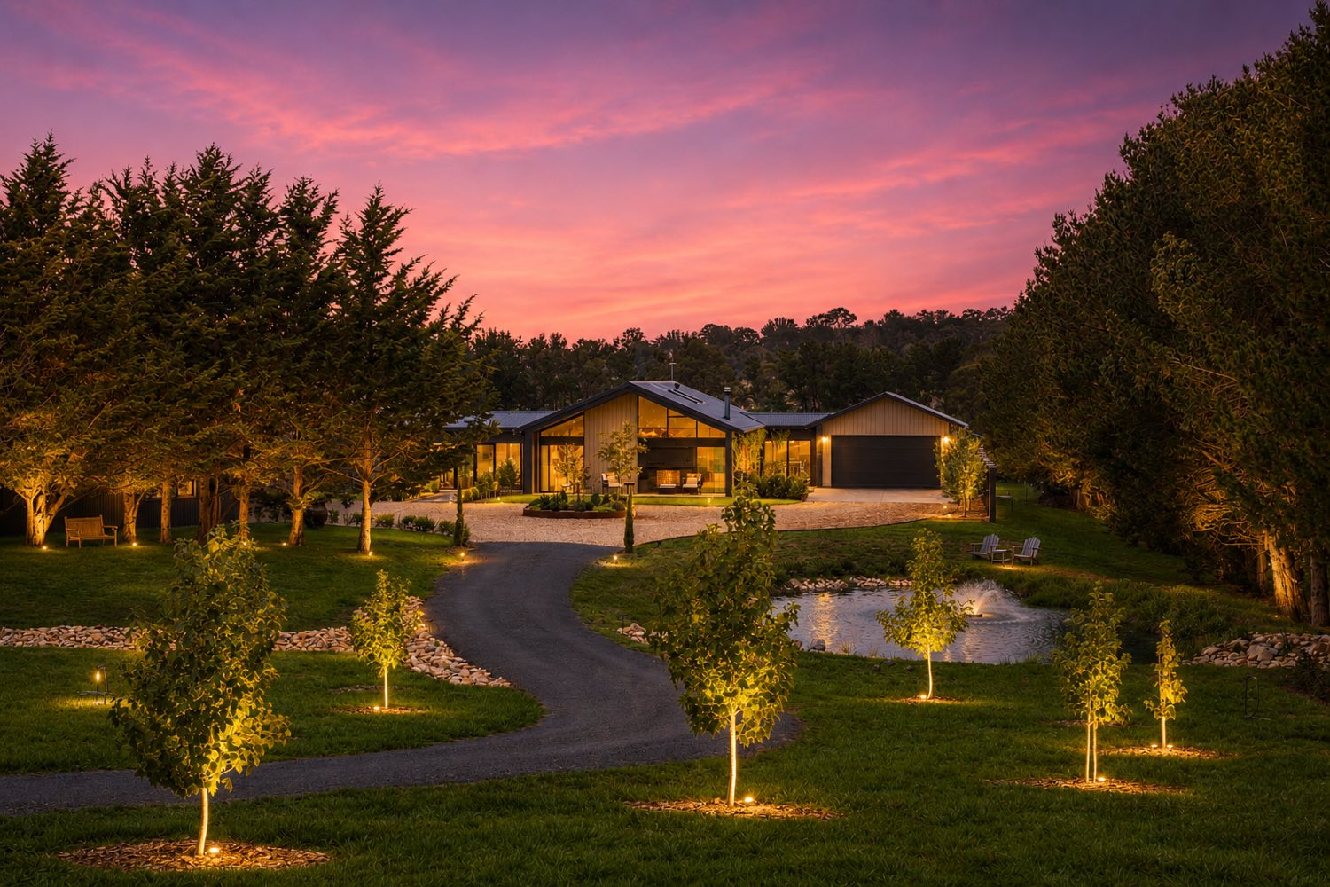 A landmark rural estate at dusk near Goulburn, represented by Carol James Real Estate