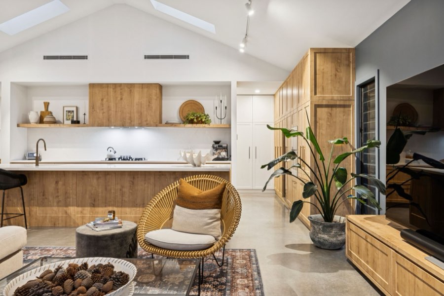 Modern barn home at pink dusk, Goulburn
